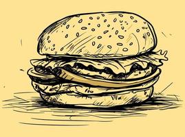 hamburgare linje konst, burger hand dragen bläck skiss vektor