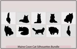 Katze Silhouetten, Maine Waschbär Katze Symbole und Silhouetten, sitzend Maine Waschbär Katze felis catus auf ein Vorderseite Aussicht Silhouette, vektor