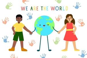 Erde Tag. wir sind zusammen. Kinder und unser Planet. Vektor Illustration im Karikatur Stil. süß Kinder zum Poster