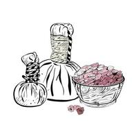 Vektor Illustration von einstellen mit Rosa Meer kosmetisch Salz- auf Schüssel und zwei kosmetisch Taschen zum Massage auf Weiß Hintergrund