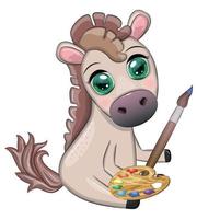 söt häst med måla palett och borsta, konstnär karaktär, barns illustration vektor