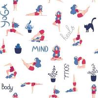 yoga sömlös mönster kvinna är engagerad. yoga poserar, lotus, monstera. hälsa av sinne och kropp vektor