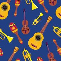 vektor sömlös mönster av olika mexikanskt tema objekt musikalisk instrument, sombrero hattar, grönsaker. bakgrund, tapet, textil- eller papper skriva ut.