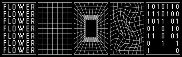 uppsättning av förvrängd vertikal rutnät mönster, blomma text mönster. y2k retrowave former, rave, ångvåg. vit trendig former. trendig retro 1980-talet, 90-talet, 2000-talet stil. skriva ut, affisch, baner. vektor