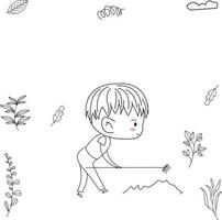 enkel och söt illustration av en barn i linje konst stil clearing en fält med en gaffel vektor
