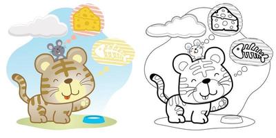 vektor tecknad serie av rolig kattunge och möss tänkande av mat, färg bok eller sida