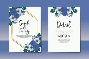 bröllop inbjudan ram uppsättning, blommig vattenfärg digital hand dragen blå reste sig blomma design inbjudan kort mall vektor