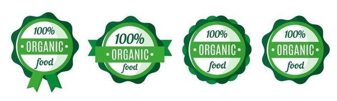 Vektorsatz runder grüner Bio- und Frischwarenabzeichen, -anhänger oder -etiketten. Design von Öko-Marktetiketten. Öko-Lebensmittel einkaufen. vektor