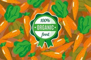 Vektorplakat oder -fahne mit Illustration des orangefarbenen Karottenhintergrunds und des runden grünen Bio-Lebensmitteletiketts vektor