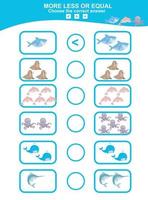 wählen mehr, weniger oder gleich Spiel. Mathematik Bildung Arbeitsblatt mit Tier Thema. lehrreich druckbar Mathematik Arbeitsblatt. Vektor Illustration.