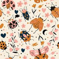 sömlös mönster med söt buggar, skalbaggar, fjäril och insekter, med blommig element, hjärtan och prickar. färgrik hand dragen vektor illustration