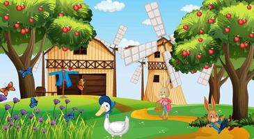 Bauernhof am Tag Szene mit Kaninchen und Ente Zeichentrickfigur vektor