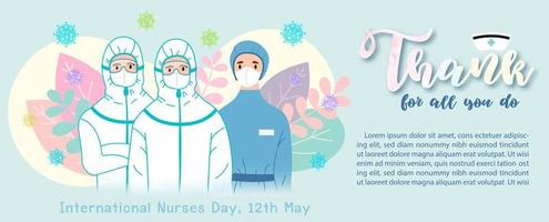 sjuksköterskor i skydd svit med lydelse av uppmuntran till sjuksköterskor i covid-19 situation och internationell sjuksköterskor dag kampanj på dekoration växter , symbol av virus och ljus grön bakgrund. vektor