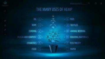 många användningsområden för hampa, mörk och blå digital affisch med mörk neonscen, infografik över användning av hampa och hologram greenbush av cannabisväxt vektor