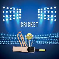 kreativer Stadionhintergrund für Cricket-Meisterschaft mit Goldtrophäe und Wicket vektor