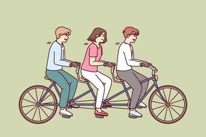 grupp av människor ridning samma cykel tillsammans och njuter delad avslappning och lagarbete medan gående. begrepp av enhet och gemensam verkan i genomförande av uppgifter och sammanhängande lagarbete vektor
