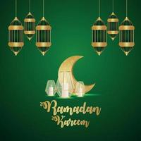 Ramadan Kareem Einladungsgrußkarte mit kreativer goldener Laterne mit arabischem Musterhintergrund vektor