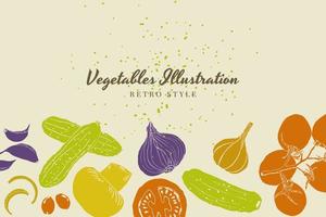 grönsaker illustration bakgrund hand dragen retro färger stil vektor