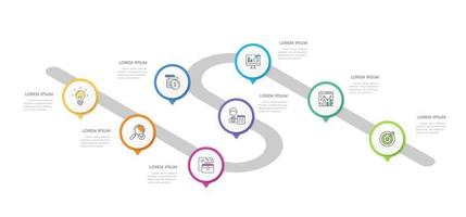 infographic mall för företag. 8 steg modern tidslinje diagram färdplan med cirkel ämnen, presentation vektor infografik.