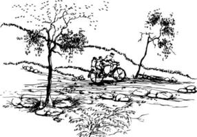 skizzieren von drei Kinder Reiten ein Fahrrad vektor
