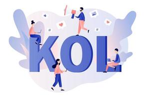 nyckel åsikt ledare. kol text. social media influencer. marknadsföring. mycket liten bloggare med megafon och följare uppkopplad. påverkar publik. modern platt tecknad serie stil. vektor illustration