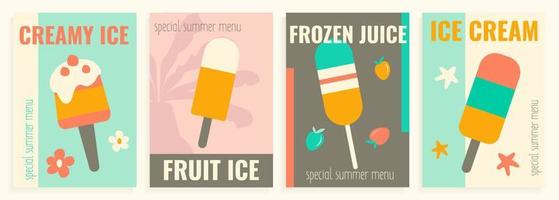 Sammlung von vier Sommer- Plakate mit Eis Creme, Werbung Cafe und Restaurant Grafik Plakate im ein eben Stil. vektor
