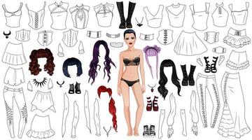 goth flicka färg sida papper docka med kvinna kropp mall, Kläder, frisyrer och Tillbehör. vektor illustration