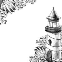 Meer Leuchtturm mit Korallen und Muscheln. Illustration von Hand gezeichnet Grafik, Vektor im eps Format. Vorlage auf Weiß Hintergrund.