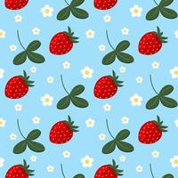 Vektor nahtlos Erdbeeren, Blüten und Blätter Muster auf Blau Hintergrund, Obst Design.