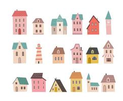 uppsättning av små söt hus. tecknad serie byggnader ikoner. mycket liten Hem samling i hand dra stil isolerat på vit bakgrund. platt design vektor