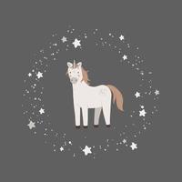 tecknad serie söt enhörning med stjärnor ram. magi horn i Plats vektor illustration. barnslig affisch med saga djur, inbjudan, vykort