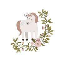 hand dragen söt enhörning med blommor ram isolerat på vit bakgrund. magi horn vektor illustration. design för inbjudan, affischer, kort, vägg konst grafik och kläder.