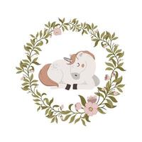 hand dragen söt sovande enhörning med blommor ram isolerat på vit bakgrund. magi horn vektor illustration. design för inbjudan, affischer, kort, vägg konst grafik och kläder.