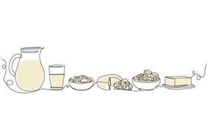 mejeri Produkter i kontinuerlig linje konst teckning stil. ost, mjölk, Smör och sur grädde svart linjär skiss isolerat på vit bakgrund. vektor illustration. vektor