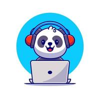 süß Panda Hören Musik- mit Kopfhörer und Laptop Karikatur Vektor Symbol Illustration. Tier Musik- Symbol Konzept isoliert Prämie Vektor. eben Karikatur Stil