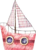 vattenfärg illustration med båt, segelbåt transport. fartyg, båt konst vektor