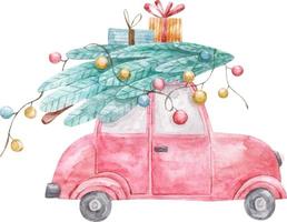 röd jul bil med gran träd och ny år gåvor, söt illustration vattenfärg skriva ut, dekor.eps vektor