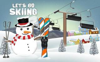 Lass uns mit Schneemann und Skiausrüstung Skifahren gehen vektor