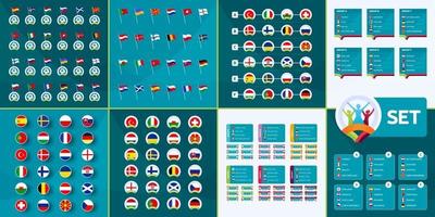europäischer fußball 2020 mega set. Europäischer Fußball 2020 Länderflaggen, Tean-Gruppen und Spiele auf Turnierhintergrundvektorsatz. Infografik Mega-Sammlung vektor