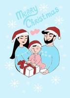 Familie für Weihnachten, Frau und Mann gekleidet in Weihnachtsmannhüte, die Baby umarmen, Vektorillustration im Gekritzelstil, Hand gezeichnet, lokalisiert auf weißem Hintergrund. vektor