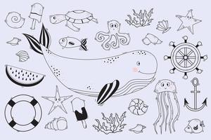 stor uppsättning linjärt marint liv. undervattensinvånare - val och delfin, bläckfisk och fisk, sjöstjärnor och maneter, sköldpaddor, skal och koraller. vektor. linje, disposition vektor