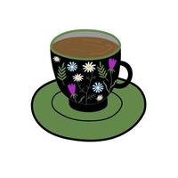 ein Tasse von Tee oder Kaffee. handgemalt schwarz Tasse mit ein Blumen- Design und ein trinken. Tee Party, Kaffee Unterbrechung. Karikatur Vektor Illustration. Design Element