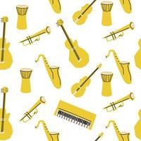 nahtlos Muster mit Illustration von Musical Instrumente im Schneiden Stil Gelb Farbe auf Weiß Hintergrund vektor