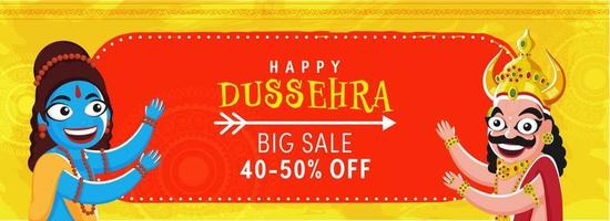 Lycklig Dussehra stor försäljning rubrik eller baner design med rabatt erbjudande på orange och gul bakgrund. vektor
