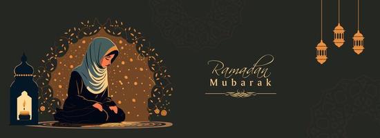 Ramadan Mubarak Banner Design mit jung Muslim Frau Charakter Angebot namaz beim Matte und Arabisch Lampen. vektor