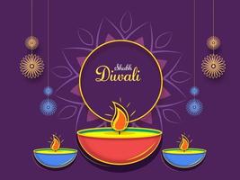 glücklich Diwali Schriftart mit zündete Öl Lampen und hängend gequillt Mandala dekoriert auf lila Hintergrund. vektor