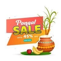 för pongal försäljning affisch design med lera pott full av pongali ris, frukt och sockerrör. vektor