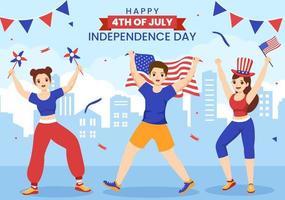 4:e av juli oberoende dag USA vektor illustration med amerikan flagga och ballonger bakgrund i platt tecknad serie hand dragen landning sida mallar