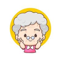 söt mormor tecknad serie karaktär som visar fred finger tecken hjärta. människor begrepp design. platt förtjusande chibi vektor illustration. isolerat vit bakgrund