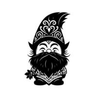 mystisk gotik gnome med en lång skägg. svart och vit vektor illustration perfekt för tatuering mönster, fantasi teman, och halloween mönster. isolerat på vit bakgrund.
